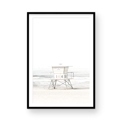 A vertical beach art close-up of a pale lifeguard tower (14), with ocean waves in the distance, on a San Diego Beach. Photograph in minimalist mock up.