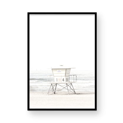 A vertical beach art close-up of a pale lifeguard tower (14), with ocean waves in the distance, on a San Diego Beach. Photograph in minimalist mock up.