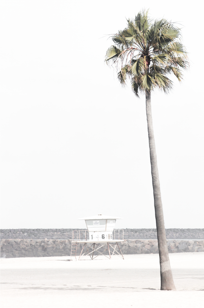 Dreamy coastal palm tree print featuring a tall palm tree in the foreground and a pastel blue lifeguard tower centered in the distance. This vertical tropical print is captured at Oceanside Beach on the Southern California coast, is bathed in bright, hazy sunlight, creating a pastel beach art effect. 