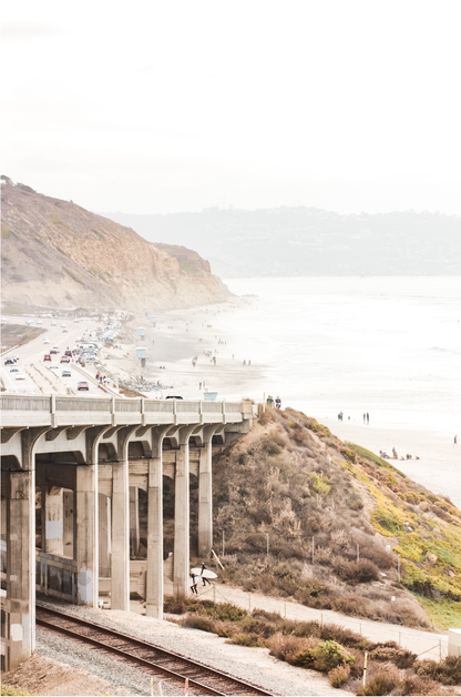 Captivating Torrey Pines San Diego coast scene, presented as vertical beach art. This piece of travel photography features a prominent bridge extending over a wide sandy beach with calm ocean waves. A coastal road winds along the base of rugged cliffs, with a lone coastal palm tree adding a touch of tropical essence to this Southern California seascape print. 