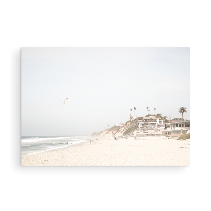 A bright, minimalist photograph of Moonlight State Beach in Encinitas, California, showing a wide sandy beach, gentle ocean waves, and residential buildings atop a cliff on the right, with a seagull flying in the hazy sky. Photograph in minimalist mock up
