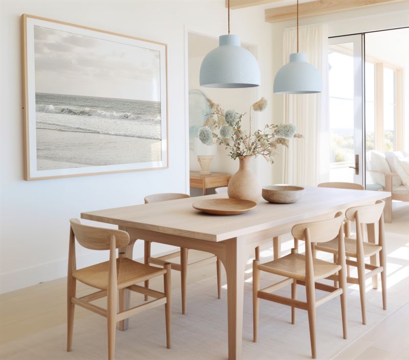 Dining room with wooden table and chairs, light blue pendant lights, and a large framed photo of ocean surf on the wall.