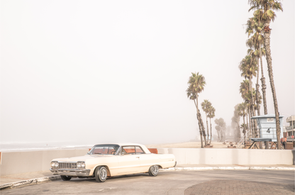 Landscape beach photography featuring a vintage white car parked on a coastal road with tall palm trees and a lifeguard tower nearby, overlooking the ocean. 