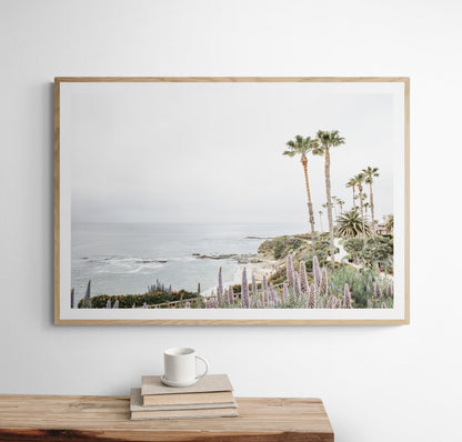 Horizontal coastal photography featuring a scenic view of the ocean with palm trees in the background, set against a white sky, located in Laguna California. Photograph in minimalist mock up.