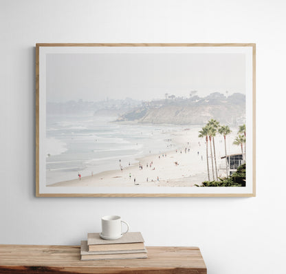 Best-selling Del Mar Beach fine art print in soft neutral tones - coastal wall art for modern coastal home decor.