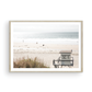 Landscape coastal photography of Salt Creek Beach Park featuring a lifeguard tower (SC 1) on the sand, with distant figures and ocean waves. This beachscape print has a calming vibe. Photograph in minimalist mock up.