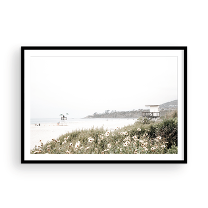 Landscape coastal photography of Salt Creek Beach Park, featuring a lifeguard tower and white flowers in the foreground, with distant cliffs. This calm beach print offers a serene coastal vibe. Photograph in minimalist mock up.