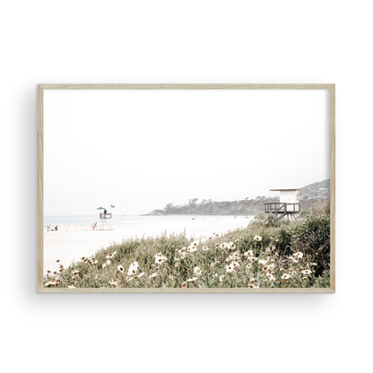 Landscape coastal photography of Salt Creek Beach Park, featuring a lifeguard tower and white flowers in the foreground, with distant cliffs. This calm beach print offers a serene coastal vibe. Photograph in minimalist mock up.