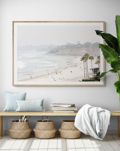 Oversized framed landscape Del Mar Beach wall art in soft neutral tones, luxury California coastal Fine art print.