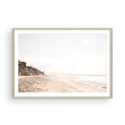 Framed fine art photograph of beige sand and white waves at Solana Beach