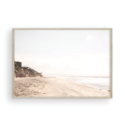Framed fine art photograph of beige sand and white waves at Solana Beach
