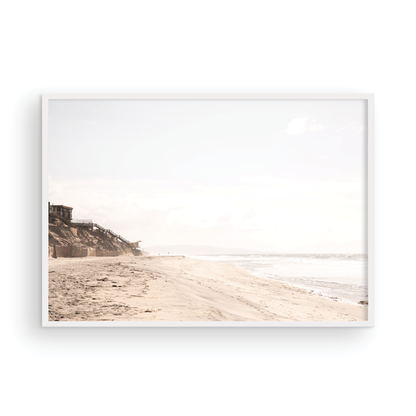 Framed fine art photograph of beige sand and white waves at Solana Beach