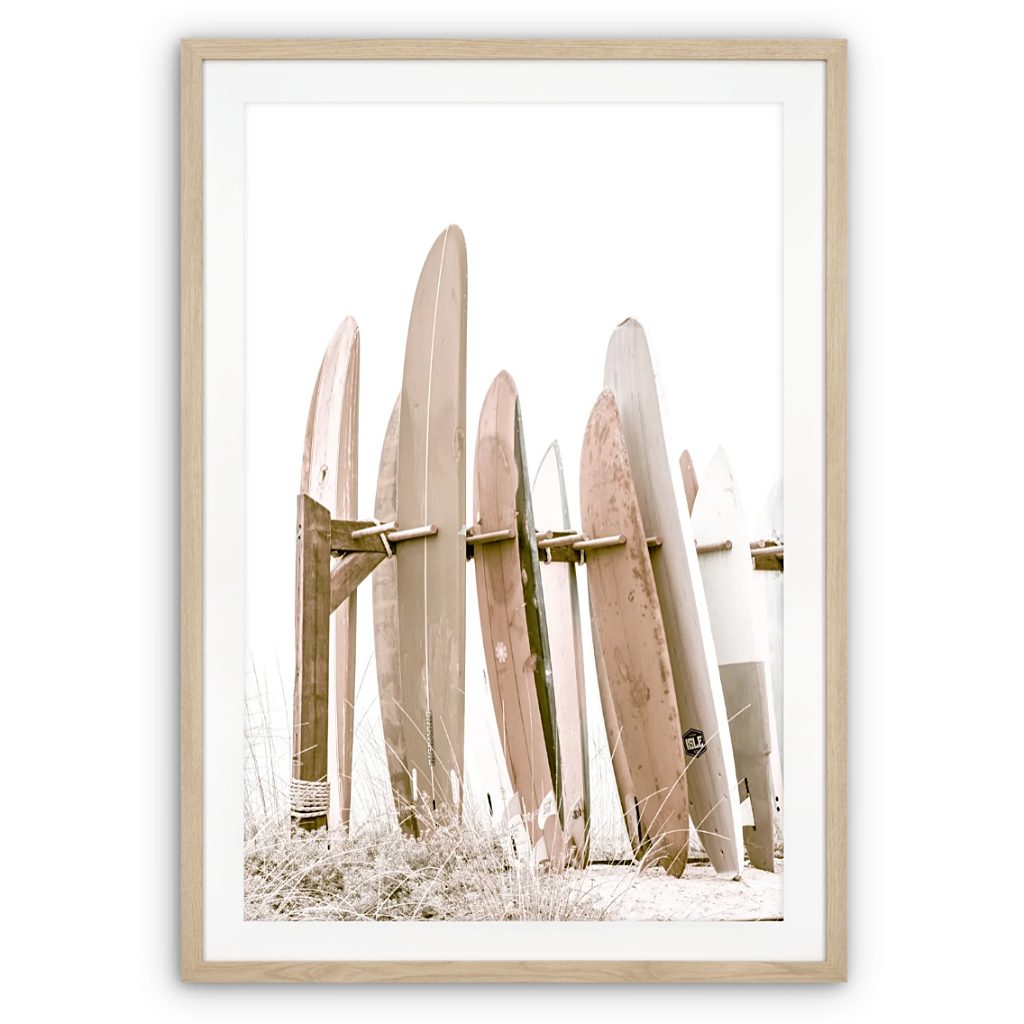 Framed artistic photo of surf boards on a rack at Coronado Beach.