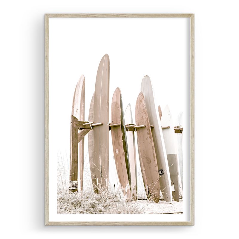 Framed artistic photo of surf boards on a rack at Coronado Beach.