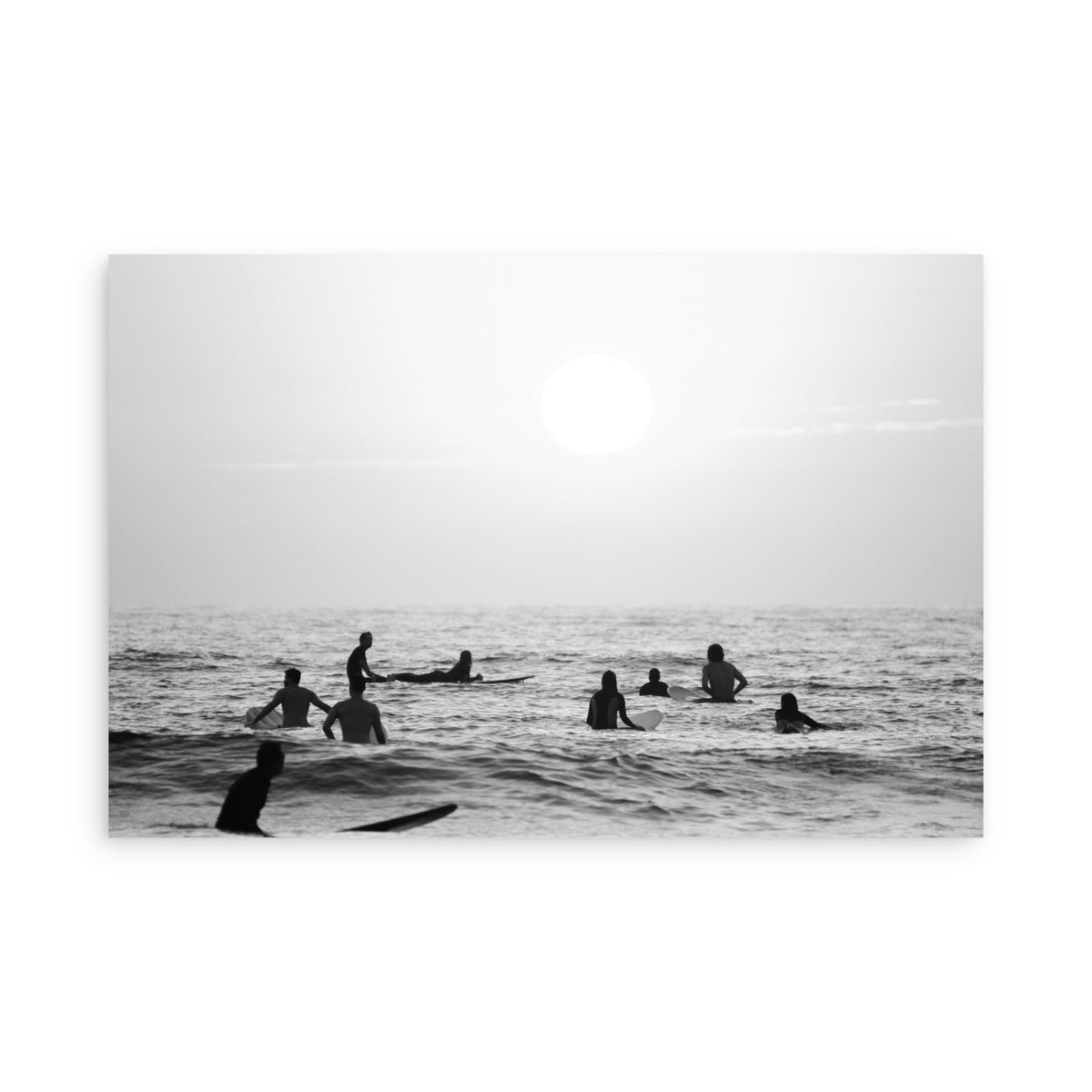 Surfers in the water at Beacons Beach, Encinitas California at sunset, in black and white, by Salt Creek Prints