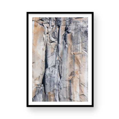 Fine art Yosemite Valley vertical  landscape print by Southern California photographer Kim Dybczak of Salt Creek Prints, featuring a multi colored granite cliff side. Photograph in minimalist mock up