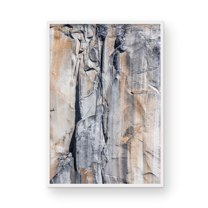 Fine art Yosemite Valley vertical  landscape print by Southern California photographer Kim Dybczak of Salt Creek Prints, featuring a multi colored granite cliff side. Photograph in minimalist mock up