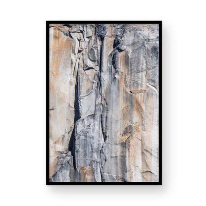 Fine art Yosemite Valley vertical  landscape print by Southern California photographer Kim Dybczak of Salt Creek Prints, featuring a multi colored granite cliff side. Photograph in minimalist mock up