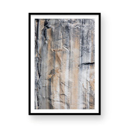 Fine art Yosemite Valley vertical  landscape print by Southern California photographer Kim Dybczak of Salt Creek Prints, featuring a multi colored granite cliff side. Photograph in minimalist mock up