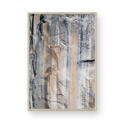 Fine art Yosemite Valley vertical  landscape print by Southern California photographer Kim Dybczak of Salt Creek Prints, featuring a multi colored granite cliff side. Photograph in minimalist mock up