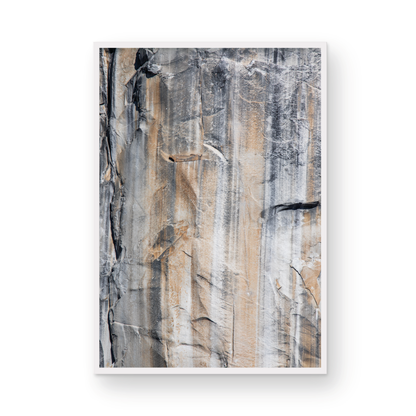 Fine art Yosemite Valley vertical  landscape print by Southern California photographer Kim Dybczak of Salt Creek Prints, featuring a multi colored granite cliff side. Photograph in minimalist mock up
