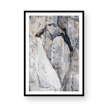 Fine art Yosemite Valley vertical  landscape print by Southern California photographer Kim Dybczak of Salt Creek Prints, featuring a multi colored granite cliff side. Photograph in minimalist mock up