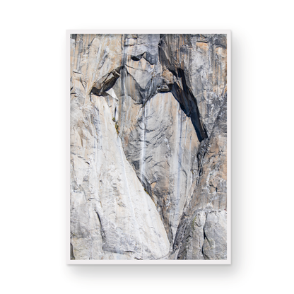 Fine art Yosemite Valley vertical  landscape print by Southern California photographer Kim Dybczak of Salt Creek Prints, featuring a multi colored granite cliff side. Photograph in minimalist mock up