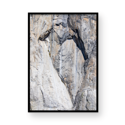 Fine art Yosemite Valley vertical  landscape print by Southern California photographer Kim Dybczak of Salt Creek Prints, featuring a multi colored granite cliff side. Photograph in minimalist mock up