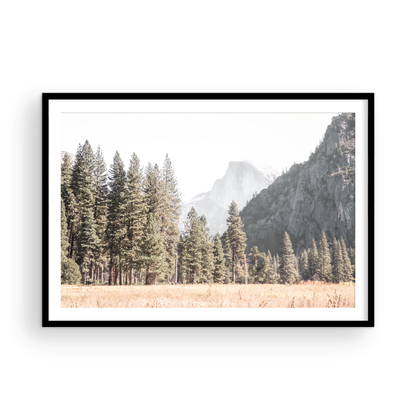 Fine art Yosemite Valley horizontal  landscape print by Southern California photographer Kim Dybczak of Salt Creek Prints, featuring a golden field and granite cliffs with with a valley in the mountains distance. Photograph in minimalist framed mock up