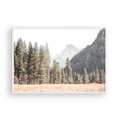 Fine art Yosemite Valley horizontal  landscape print by Southern California photographer Kim Dybczak of Salt Creek Prints, featuring a golden field and granite cliffs with with a valley in the mountains distance. Photograph in minimalist mock up