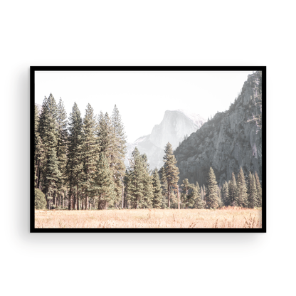 Fine art Yosemite Valley horizontal  landscape print by Southern California photographer Kim Dybczak of Salt Creek Prints, featuring a golden field and granite cliffs with with a valley in the mountains distance. Photograph in minimalist mock up