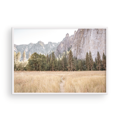 Fine art Yosemite Valley horizontal  landscape print by Southern California photographer Kim Dybczak of Salt Creek Prints, featuring a golden field and granite cliffs with with a valley in the mountains distance. Photograph in minimalist mock up