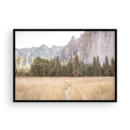Fine art Yosemite Valley horizontal  landscape print by Southern California photographer Kim Dybczak of Salt Creek Prints, featuring a golden field and granite cliffs with with a valley in the mountains distance. Photograph in minimalist mock up