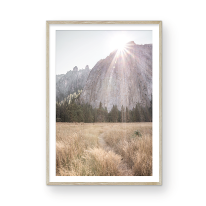 Fine art Yosemite Valley landscape print by Southern California photographer Kim Dybczak of Salt Creek Prints, featuring a golden field and granite cliffs with sunlight streaming over the mountains. Photograph in minimalist mock up