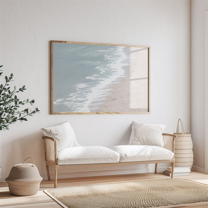 Framed canvas photo of: Point Reyes Beach 7403 displayed above a couch in a neutral room.