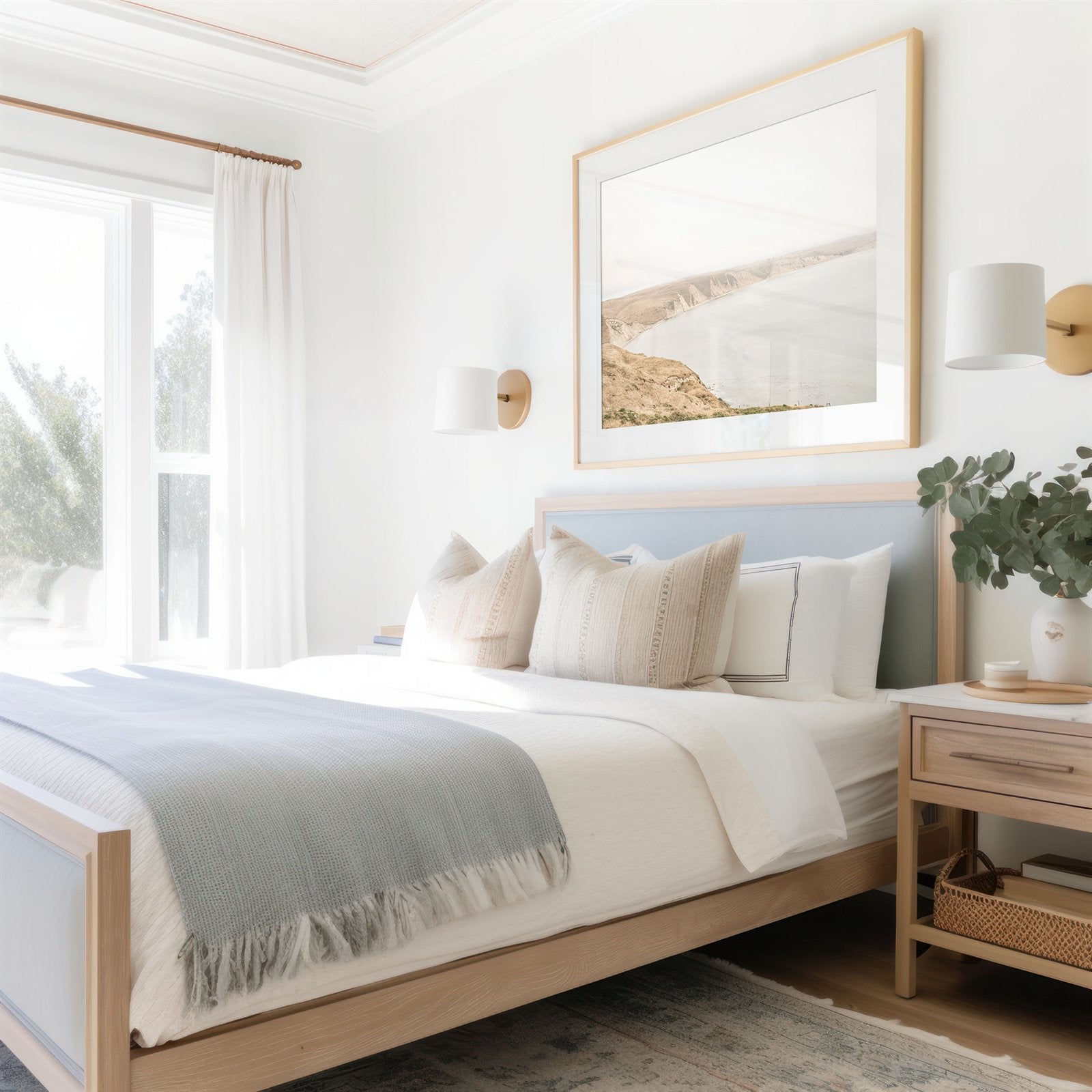 Framed photo of: Drakes Bay 7270 displayed above a bed in a coastal bedroom.