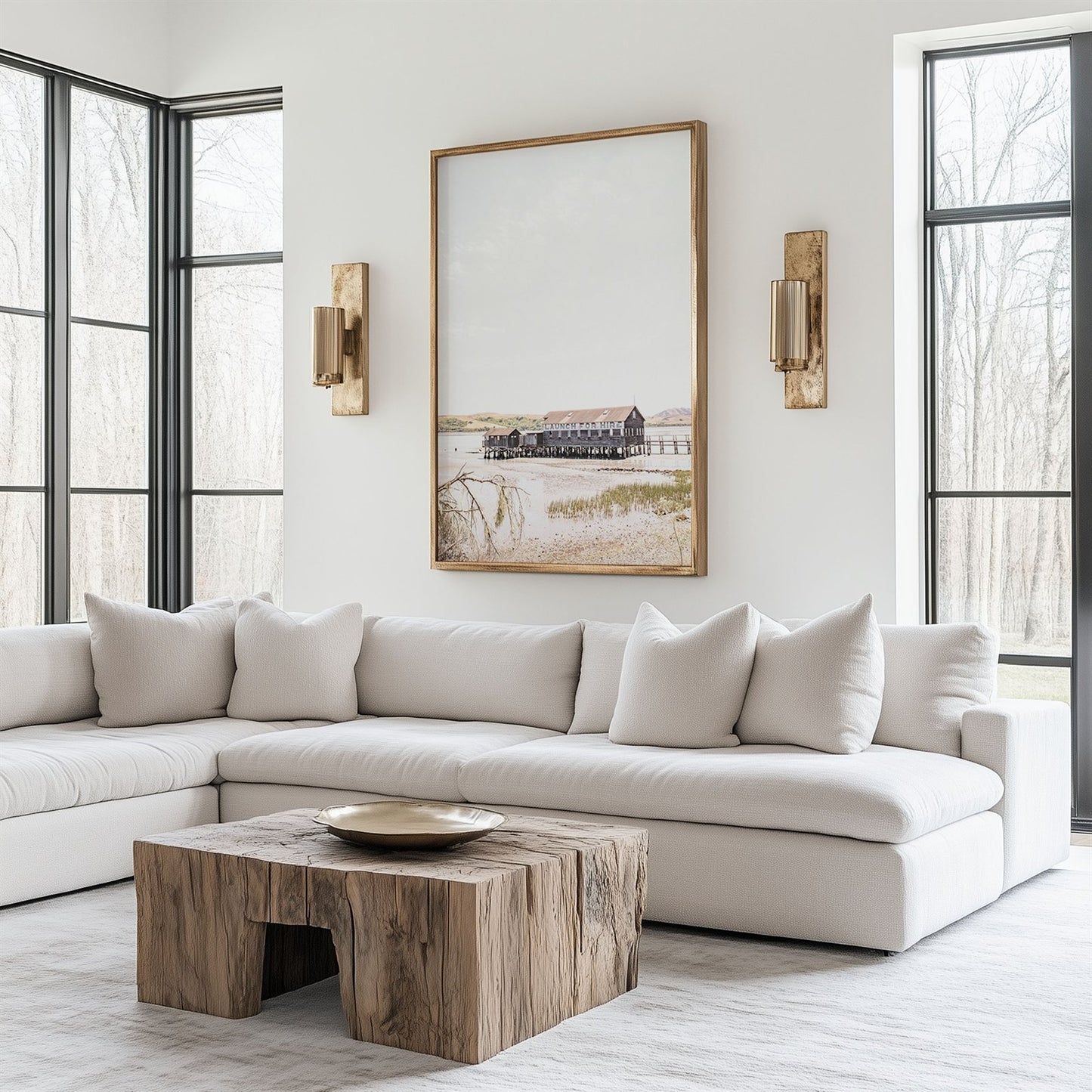 Framed photo of: Tomales Bay 7142 displayed on a wall above couch in a luxury living room.