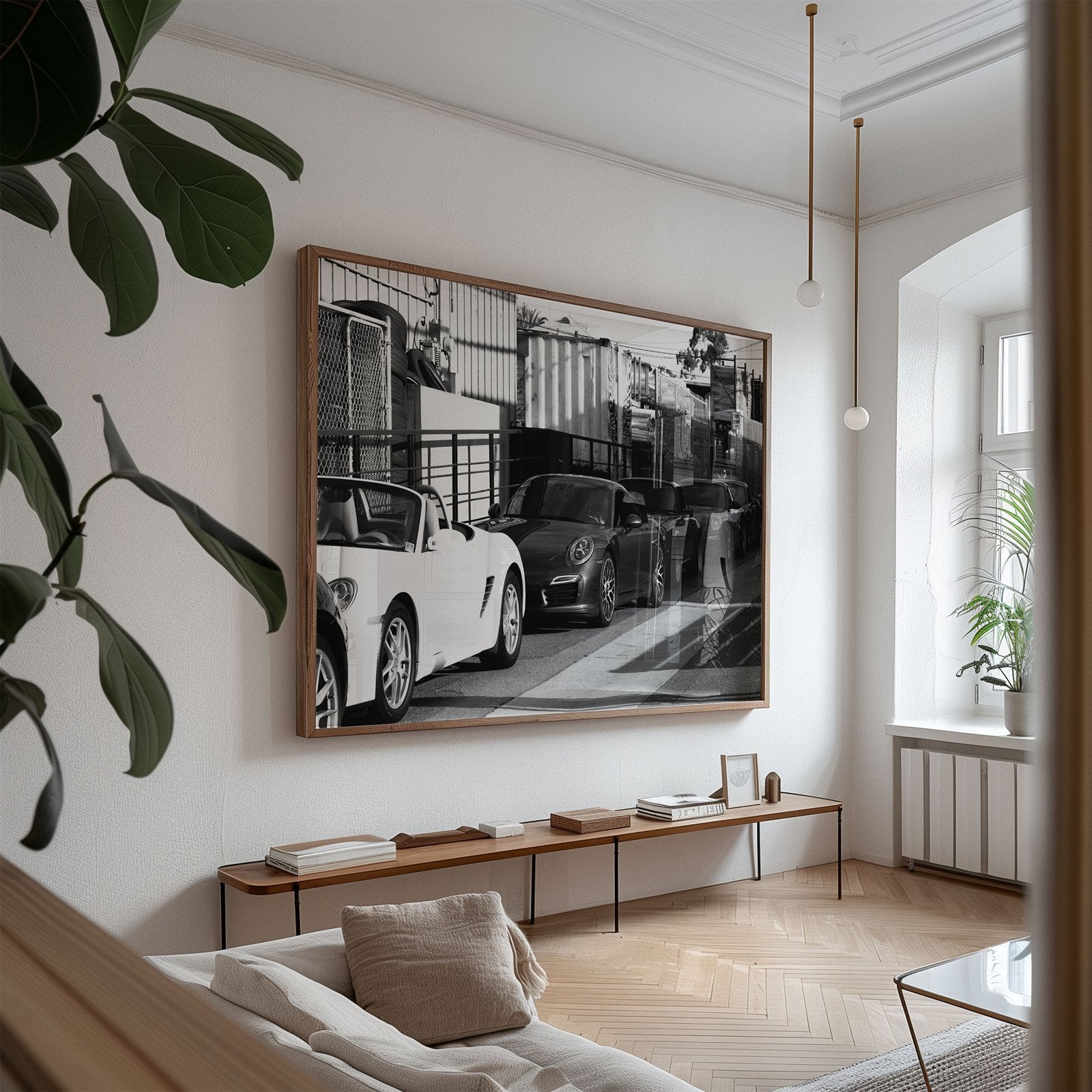 Oversized framed photo of: Porsche 8352 displayed above a console in a living room.