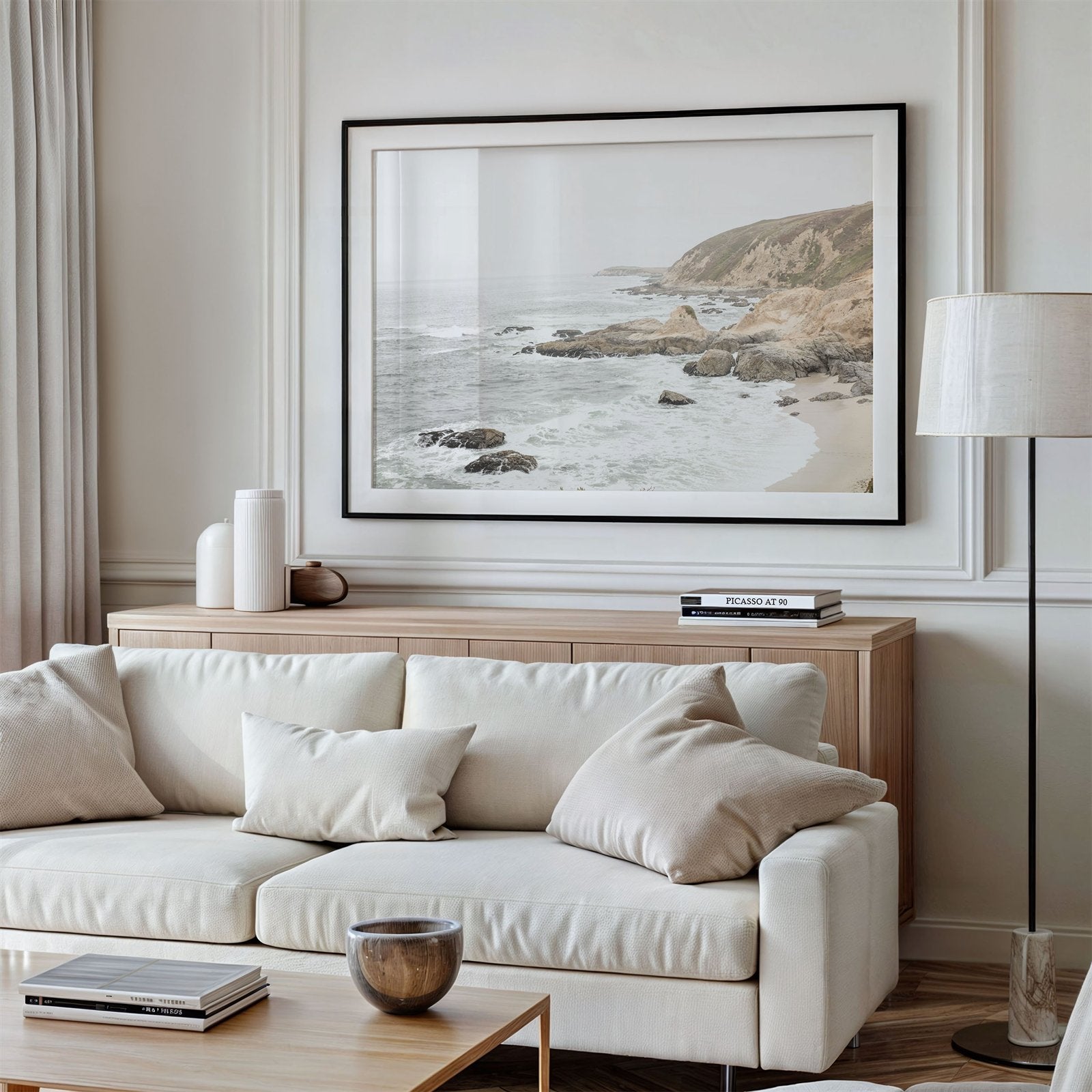 Framed photo of: Bodega Head 7711 displayed above a couch in a modern living room.