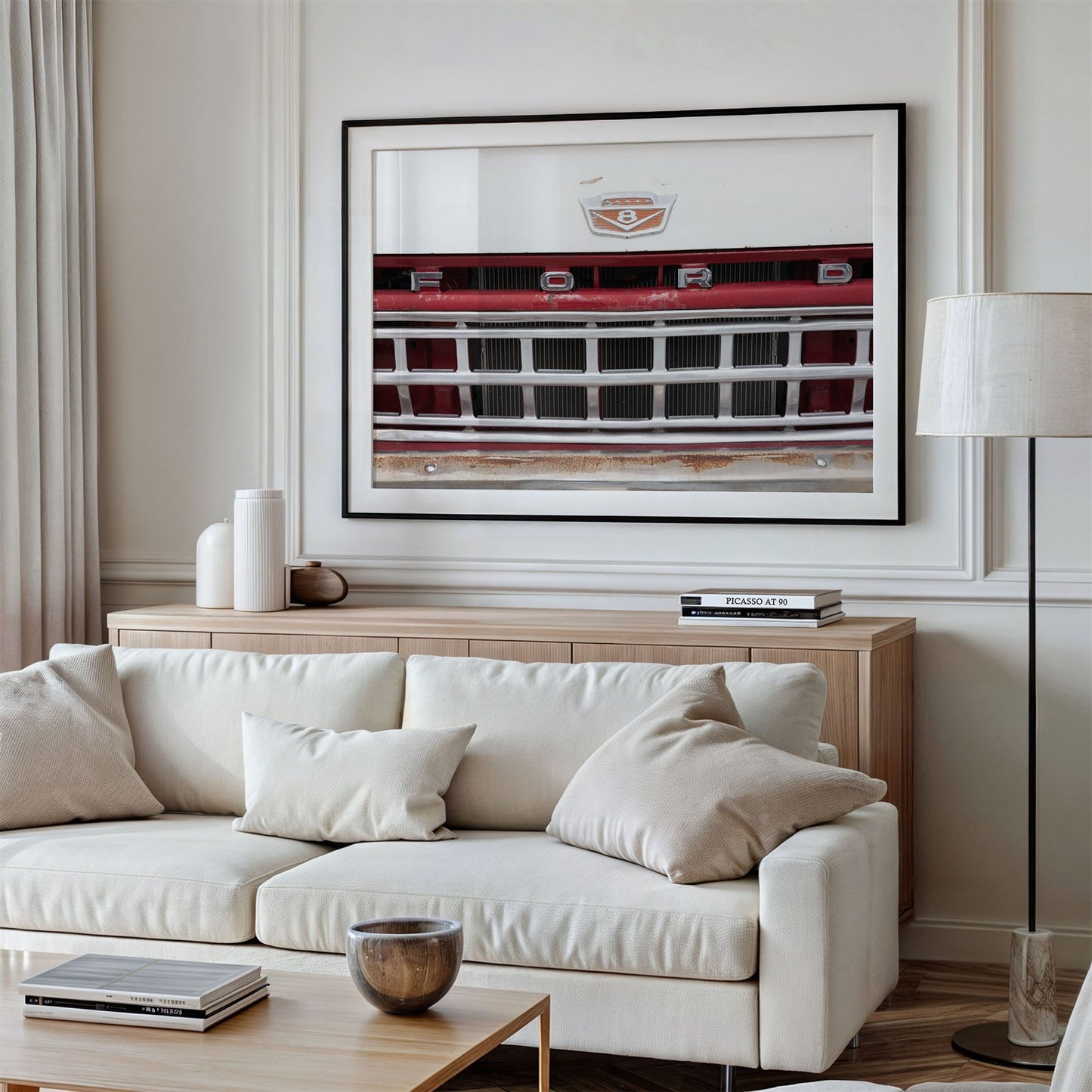 Framed photo of: Ford Truck 8384 displayed above a couch in a modern living room.
