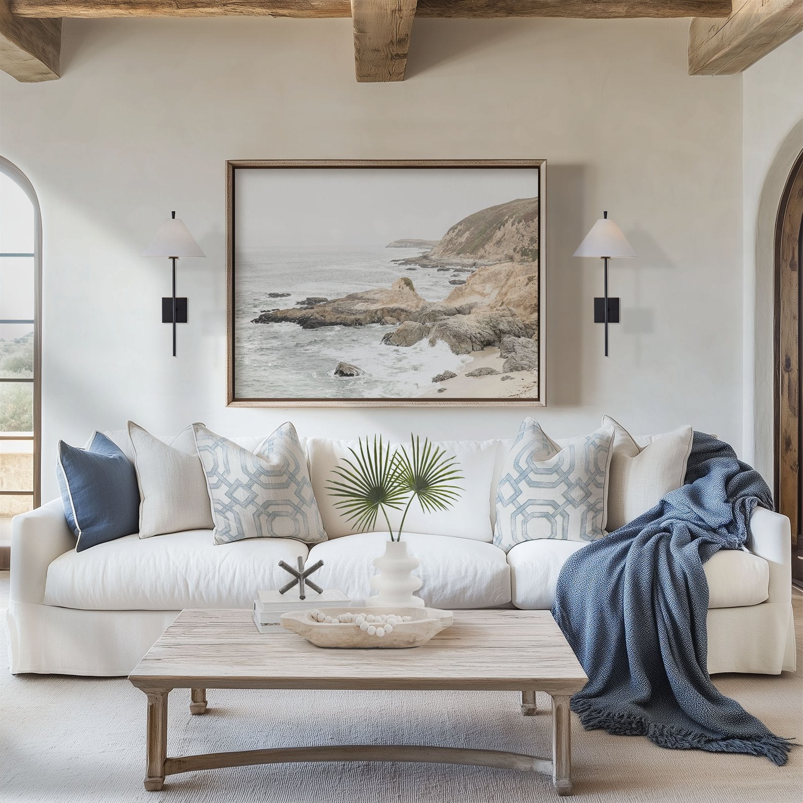 Framed photo of: Bodega Head 7709 displayed above a couch in a coastal living room.