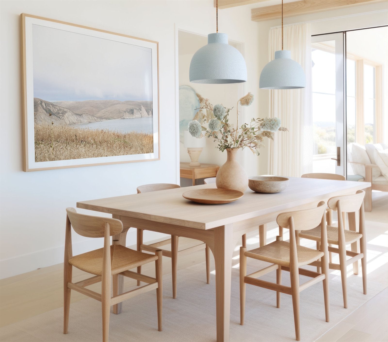 Framed photo of: Drakes Bay 7299 displayed on a wall in a coastal dining room.