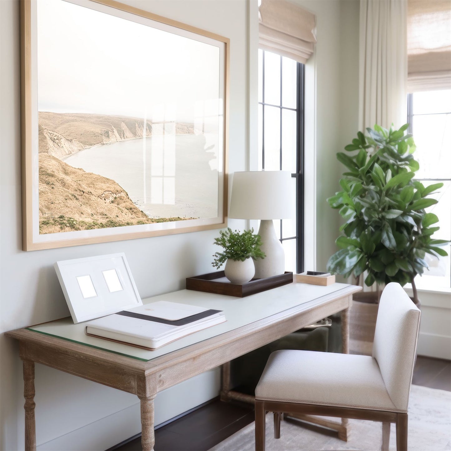Framed photo of: Drakes Bay 7270 displayed above a desk.