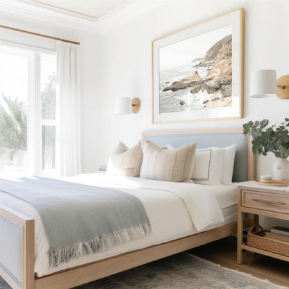 Framed photo of: Bodega Head 7709 displayed above a bed.