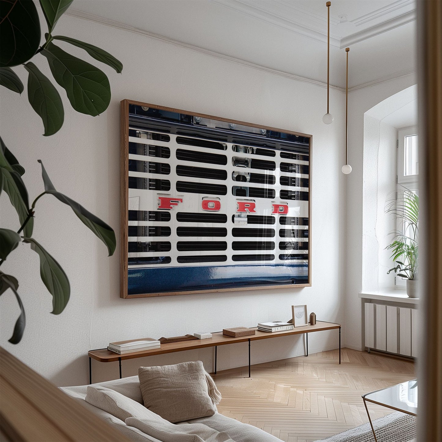 Oversized framed photo of: Ford 8030 displayed on a wall above a console in a modern living room.