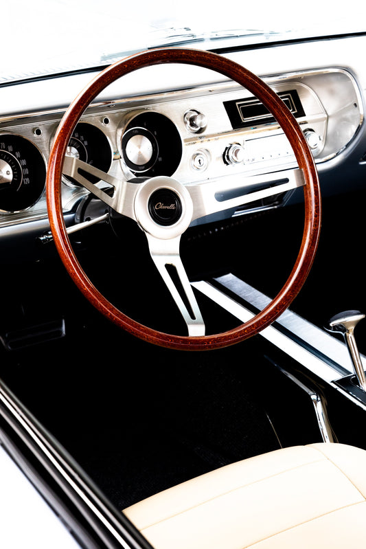 Photography by Salt Creek Prints of: Chevelle 7916, Close up image of the steering wheel and dash of a vintage Chevy Chevelle. 