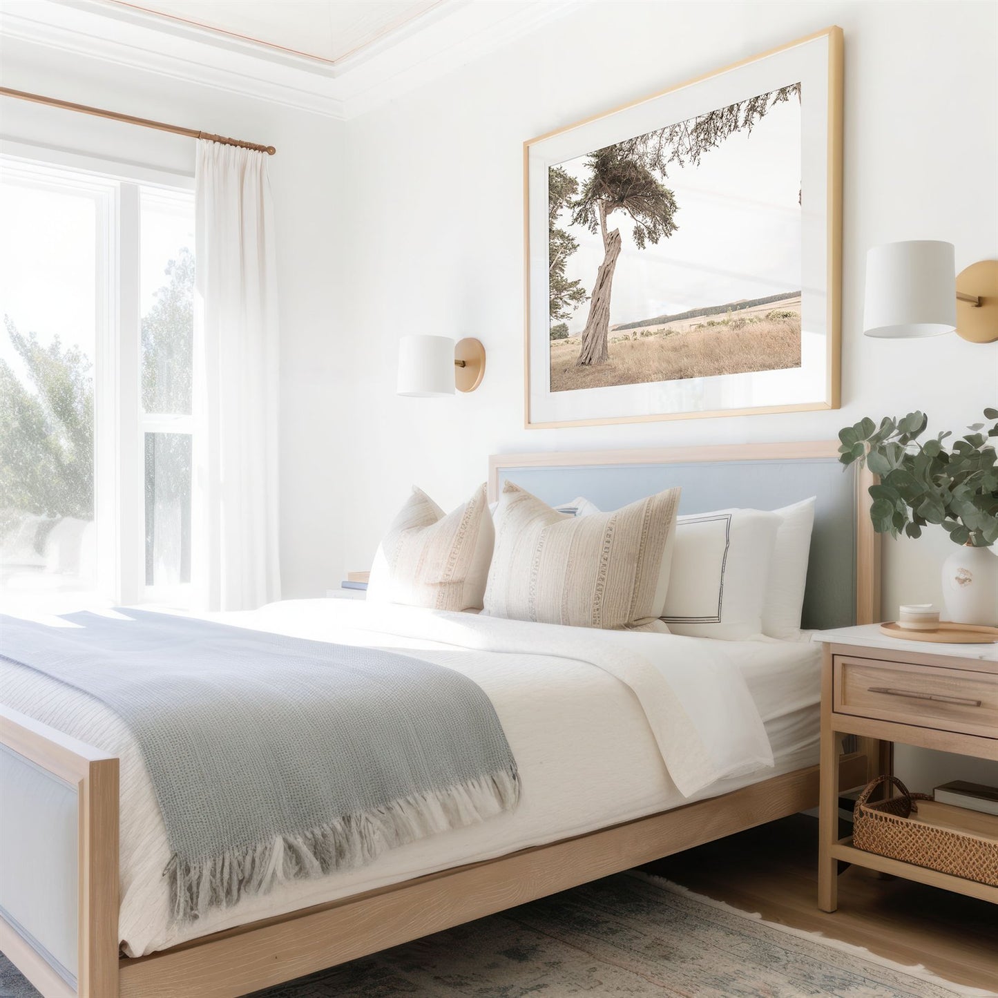 Framed photo of: Point Reyes 7161 above a bed in a coastal room.