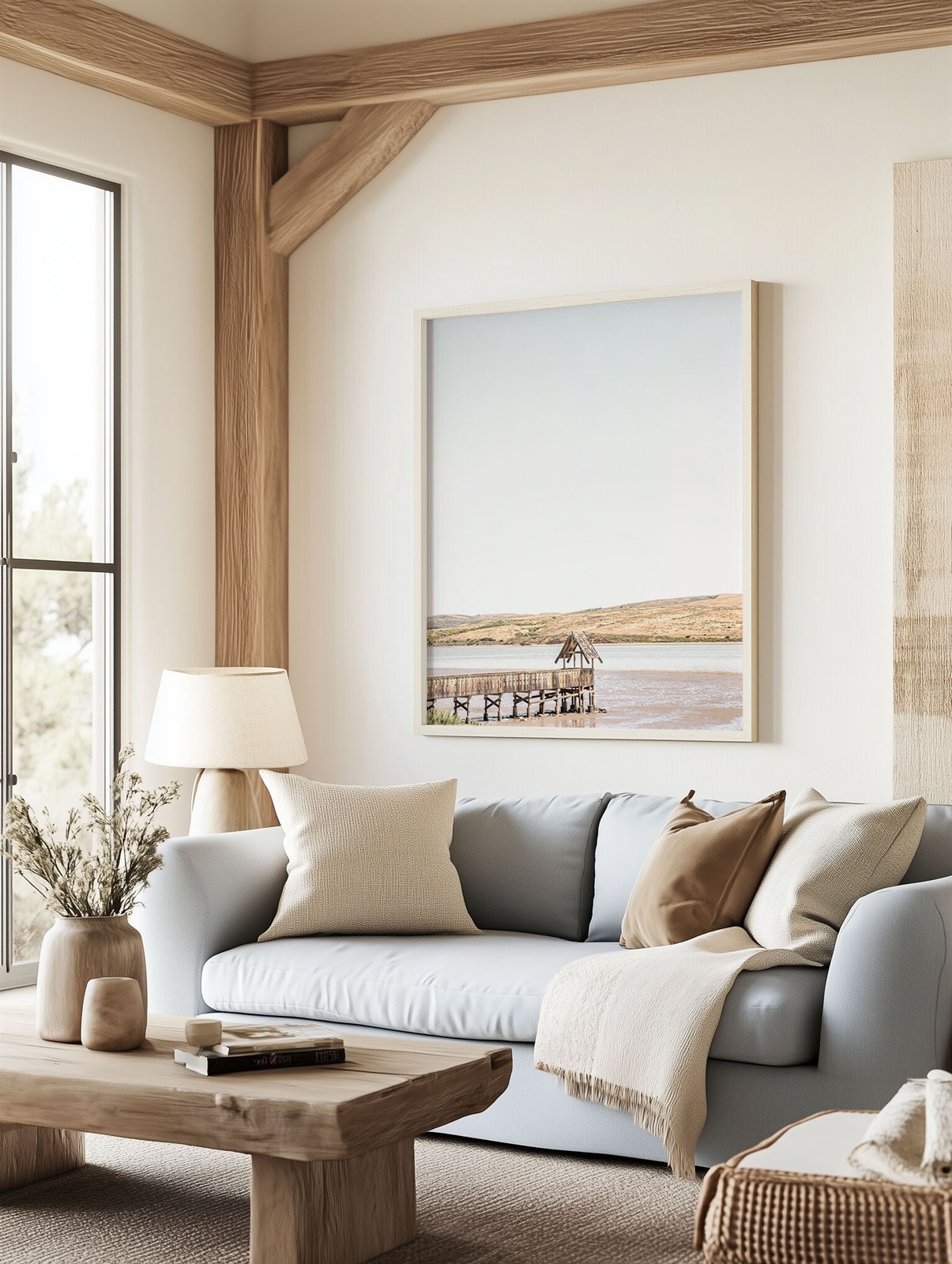 Framed photo of: Tomales Bay 7140 displayed above a couch in a coastal living room.