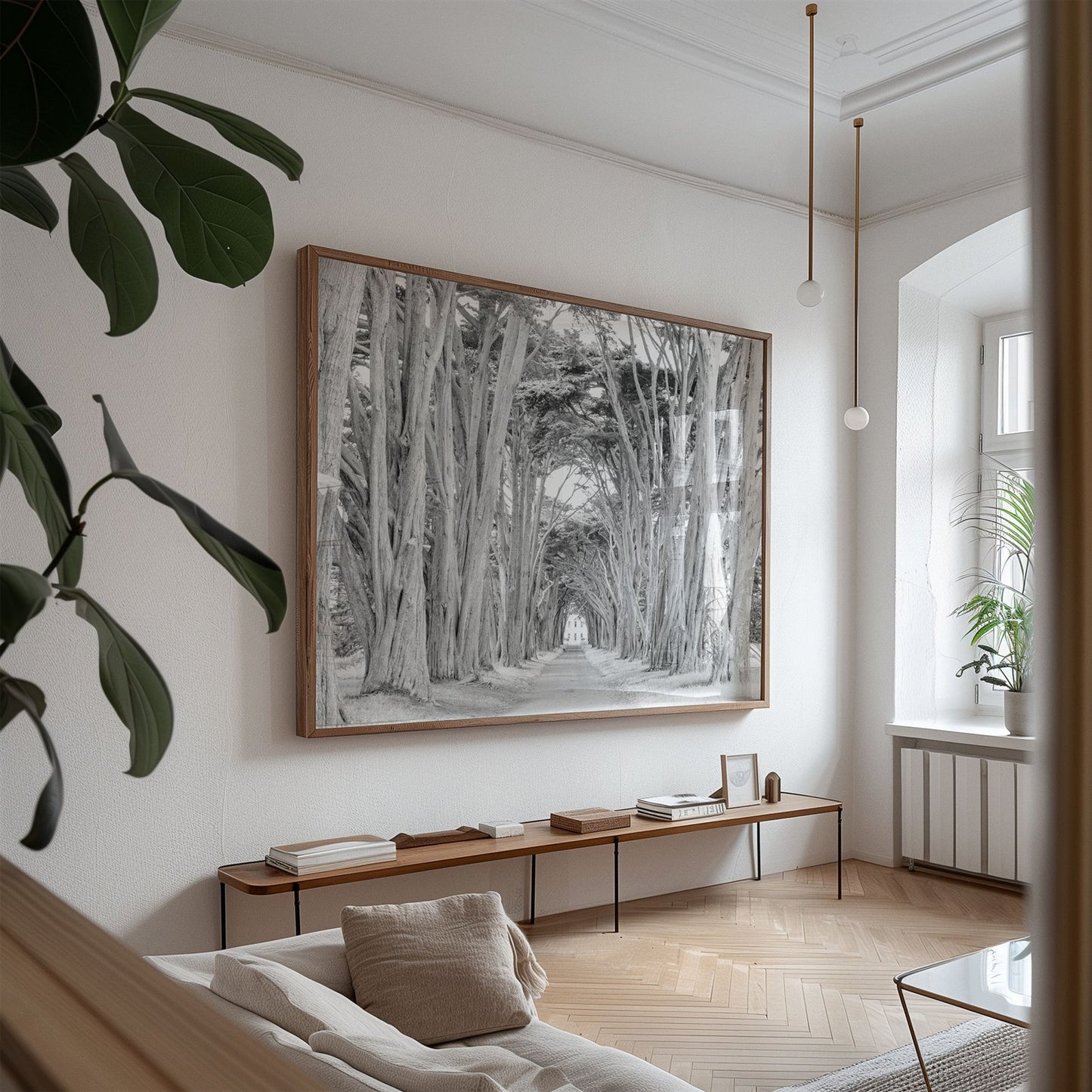 Oversized framed photo of: Cypress Tree Tunnel 7163 displayed above a console in a neutral living room.
