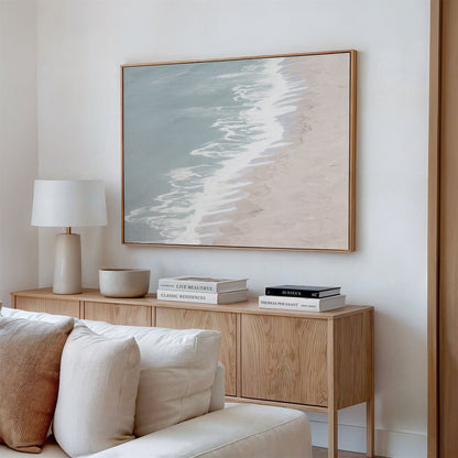 Framed canvas photo of: Point Reyes Beach 7403 displayed above a console in a modern living room.